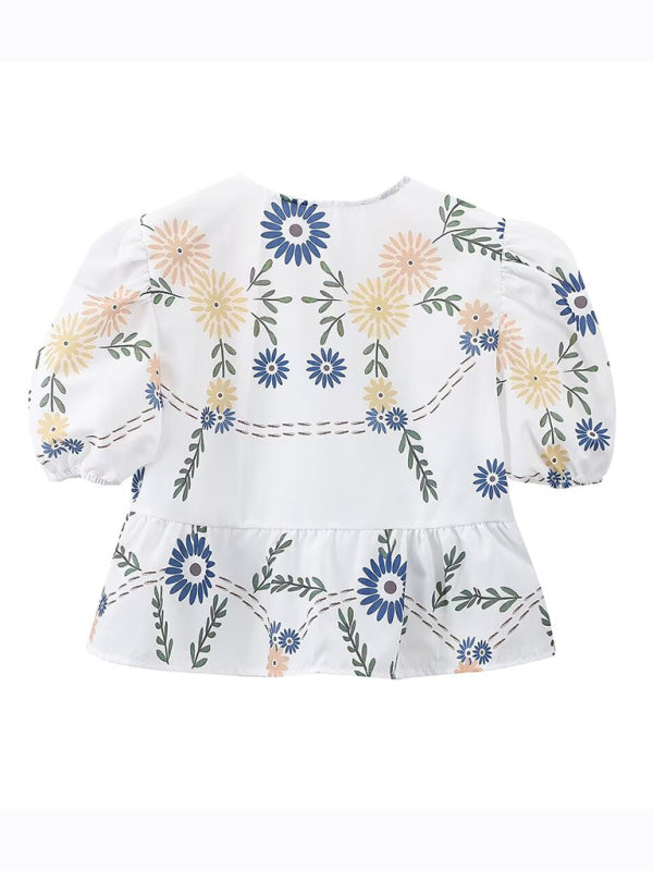 Blouses- Women's Floral Tie-Up Puff Sleeve Blouse- - Chuzko Women Clothing