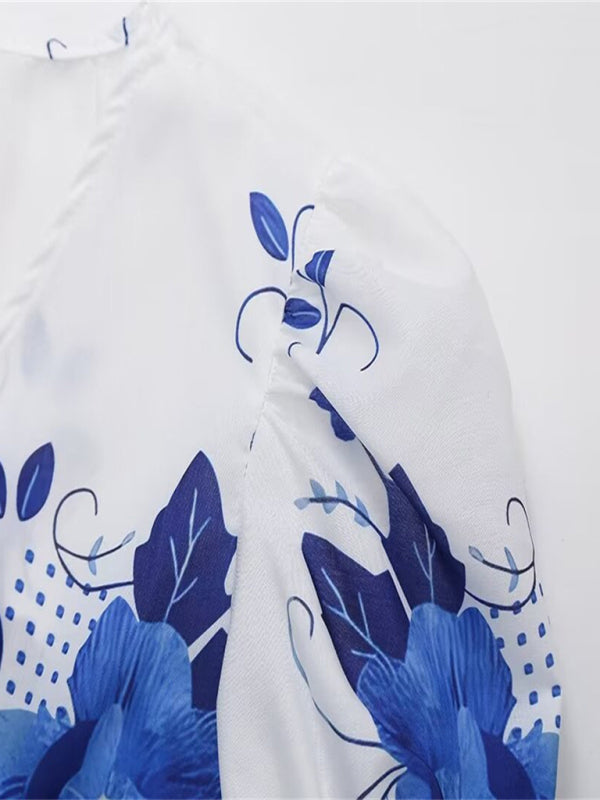 Blouses- Women's Floral Tie-Up Puff Sleeve Blouse- - Chuzko Women Clothing