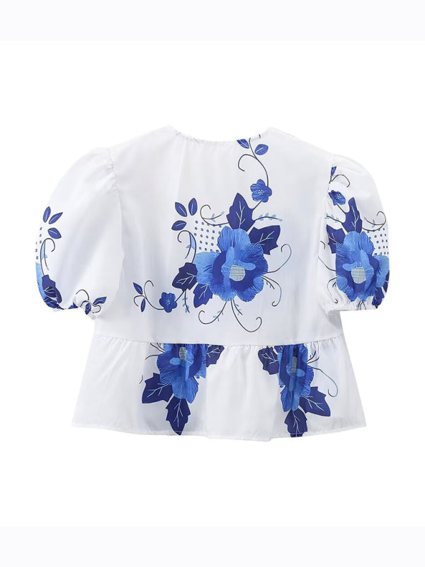 Blouses- Women's Floral Tie-Up Puff Sleeve Blouse- - Chuzko Women Clothing