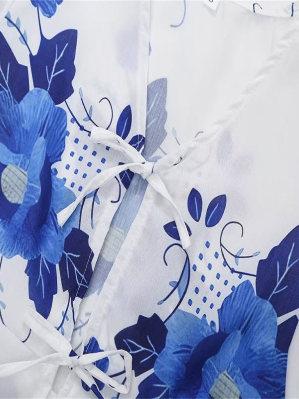 Blouses- Women's Floral Tie-Up Puff Sleeve Blouse- - Chuzko Women Clothing