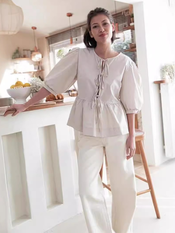 Blouses- Women's Leopard Print Puff Sleeves Peplum Blouse- - Chuzko Women Clothing