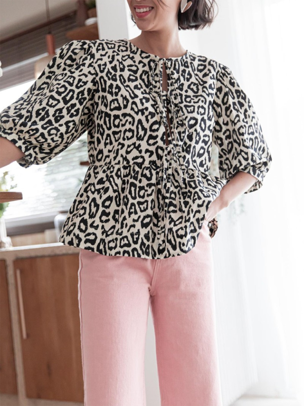 Blouses- Women's Leopard Print Puff Sleeves Peplum Blouse- - Chuzko Women Clothing