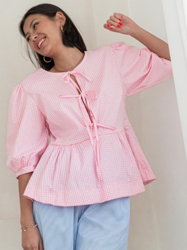 Blouses- Women's Leopard Print Puff Sleeves Peplum Blouse- - Chuzko Women Clothing