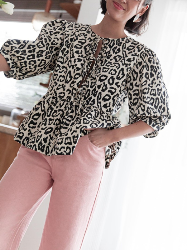 Blouses- Women's Leopard Print Puff Sleeves Peplum Blouse- - Chuzko Women Clothing