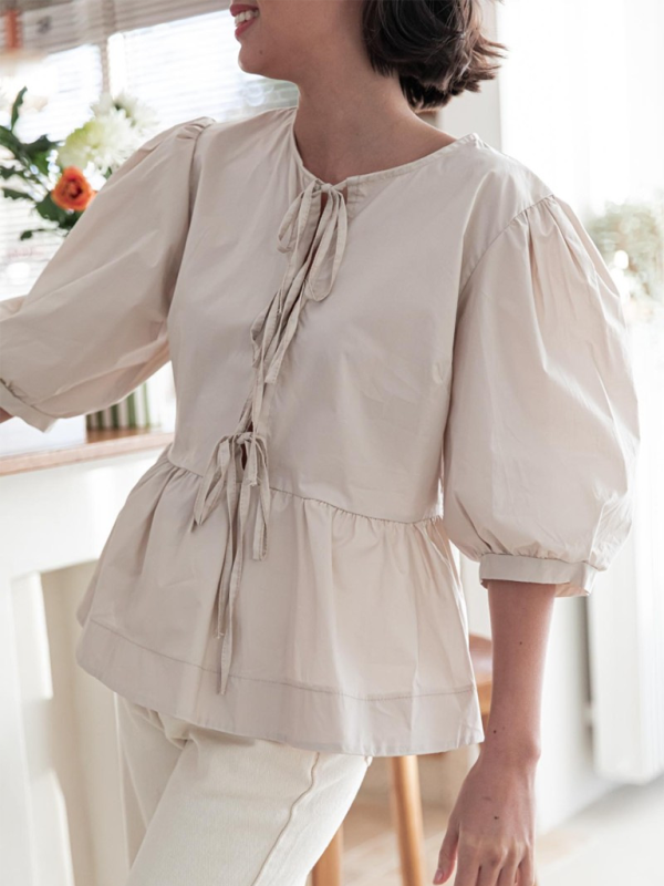 Blouses- Women's Leopard Print Puff Sleeves Peplum Blouse- - Chuzko Women Clothing