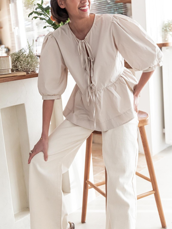 Blouses- Women's Leopard Print Puff Sleeves Peplum Blouse- - Chuzko Women Clothing