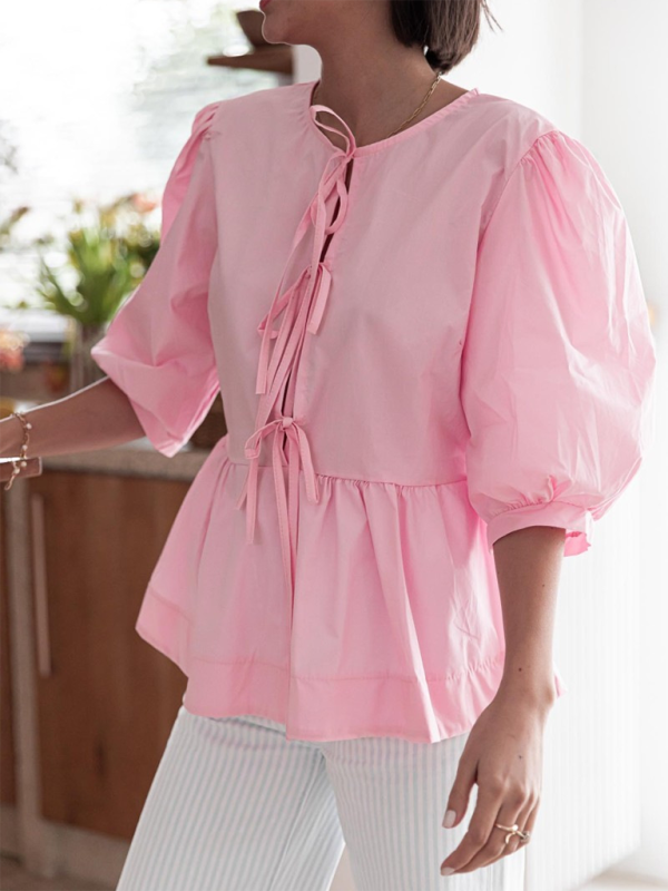 Blouses- Women's Leopard Print Puff Sleeves Peplum Blouse- - Chuzko Women Clothing