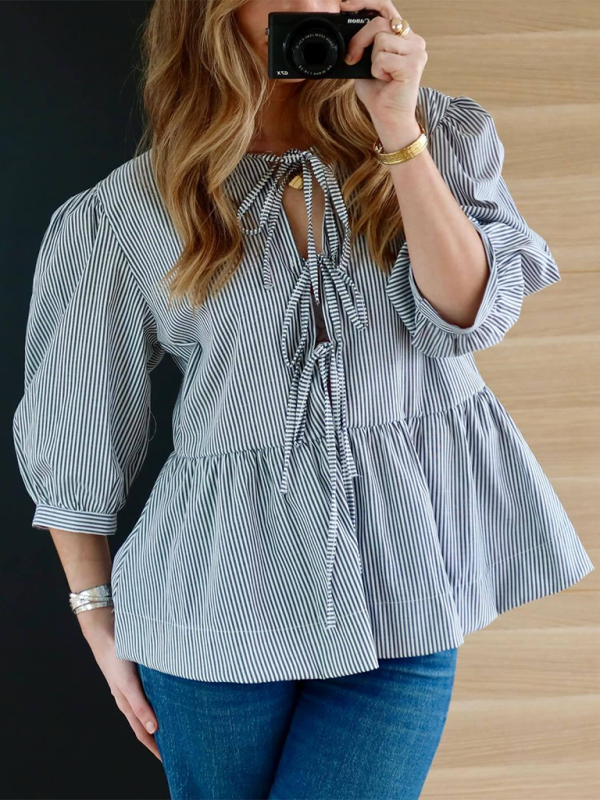 Blouses- Women's Leopard Print Puff Sleeves Peplum Blouse- Suit 8- Chuzko Women Clothing