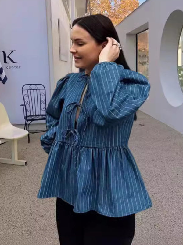 Women's Puff Long Sleeve Tie-Up Blouse in Stripes