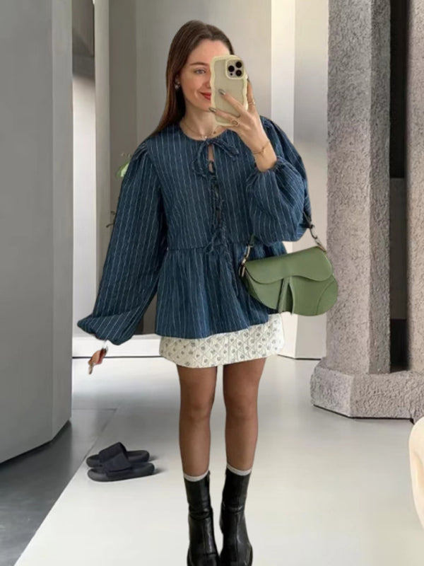 Women's Puff Long Sleeve Tie-Up Blouse in Stripes
