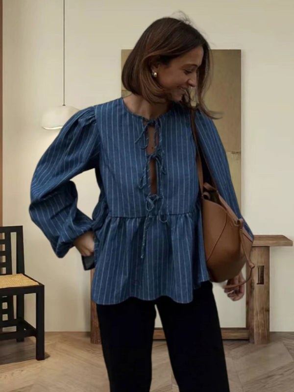 Women's Puff Long Sleeve Tie-Up Blouse in Stripes