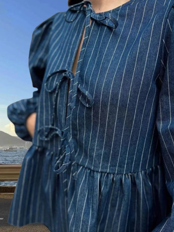 Women's Puff Long Sleeve Tie-Up Blouse in Stripes