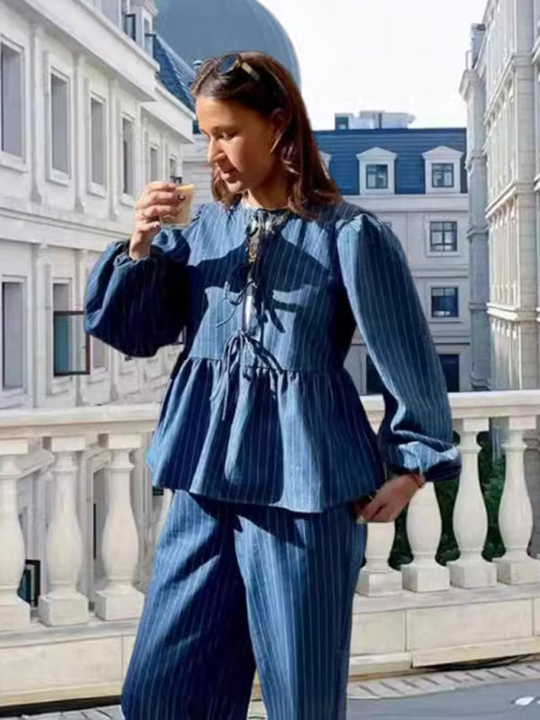 Women's Puff Long Sleeve Tie-Up Blouse in Stripes