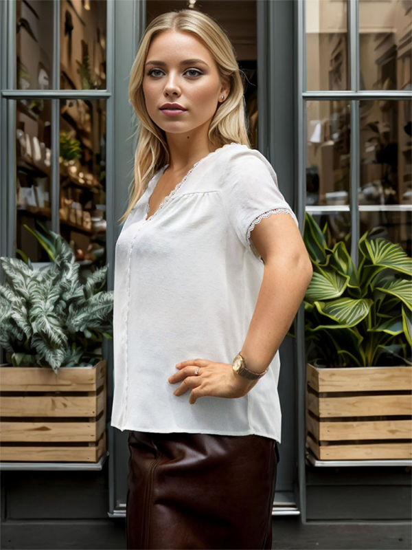 Blouses- Women's Solid V-Neck Blouse with Lace Trim in Relaxed Fit- - Chuzko Women Clothing