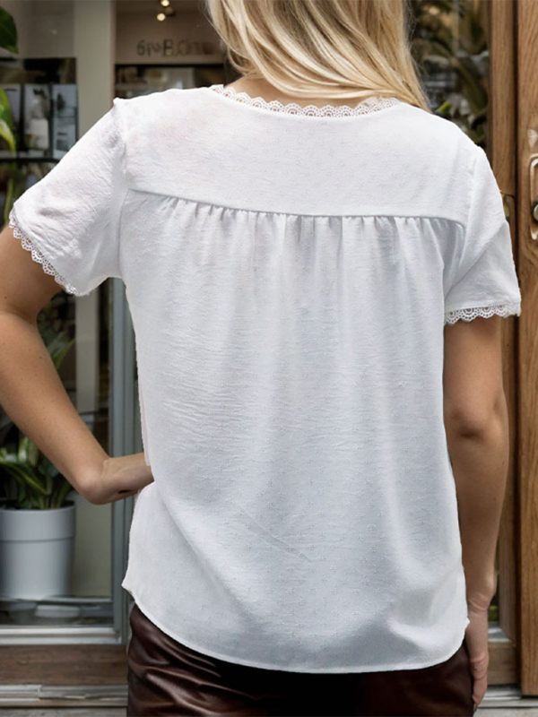 Blouses- Women's Solid V-Neck Blouse with Lace Trim in Relaxed Fit- - Chuzko Women Clothing