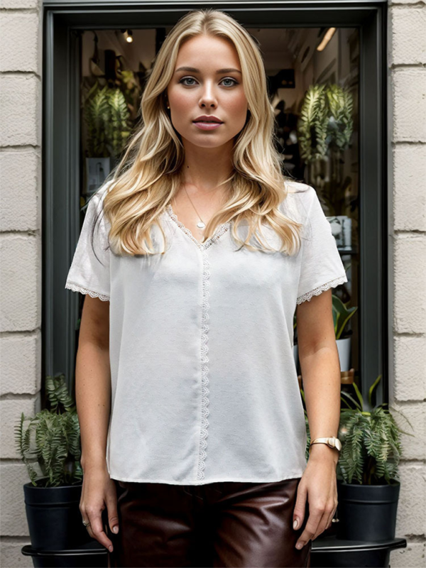 Blouses- Women's Solid V-Neck Blouse with Lace Trim in Relaxed Fit- - Chuzko Women Clothing