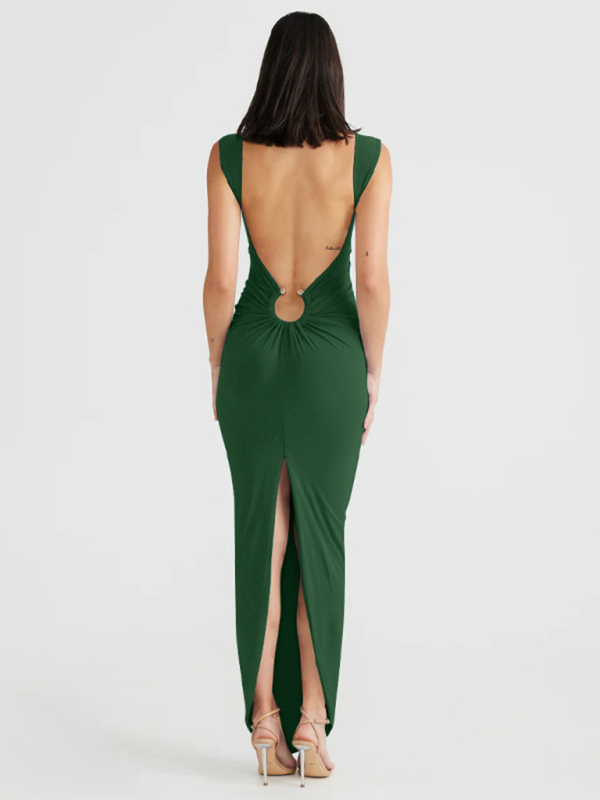 Bodycon Dresses - Figure-Hugging Party Maxi Dress with Circle Ring