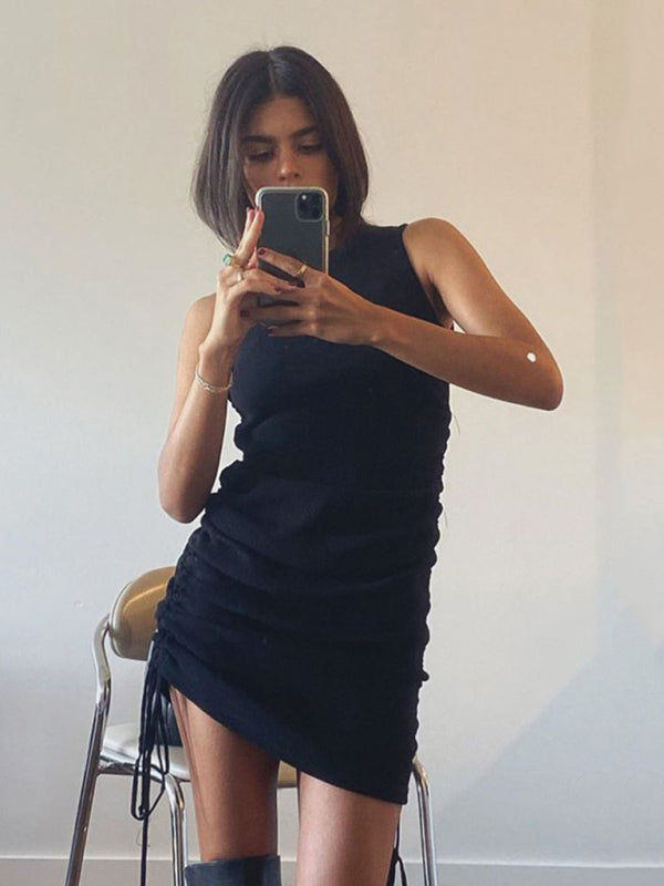 Bodycon Dresses- Women's Ruched Bodycon Tank Dress for Summer- Black- Pekosa Women Fashion