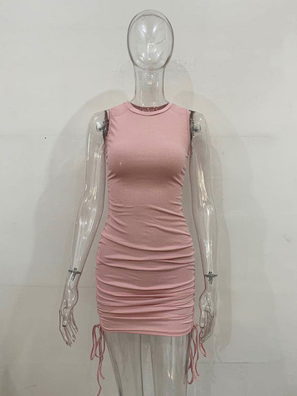 Bodycon Dresses- Women's Ruched Bodycon Tank Dress for Summer- Pink- Pekosa Women Fashion