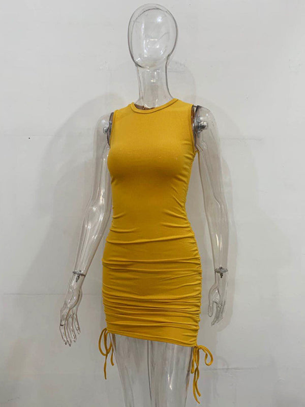 Bodycon Dresses- Women's Ruched Bodycon Tank Dress for Summer- Yellow- Pekosa Women Fashion