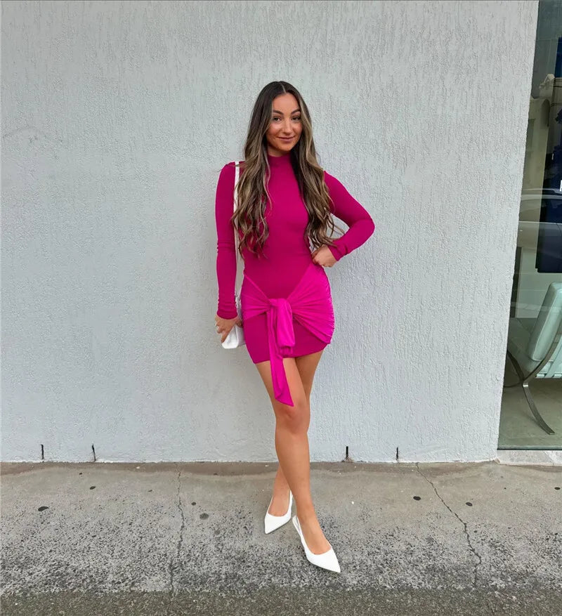 Bodycon Mini Dresses- Long Sleeve Mini Dress Fashion Hip Wrap