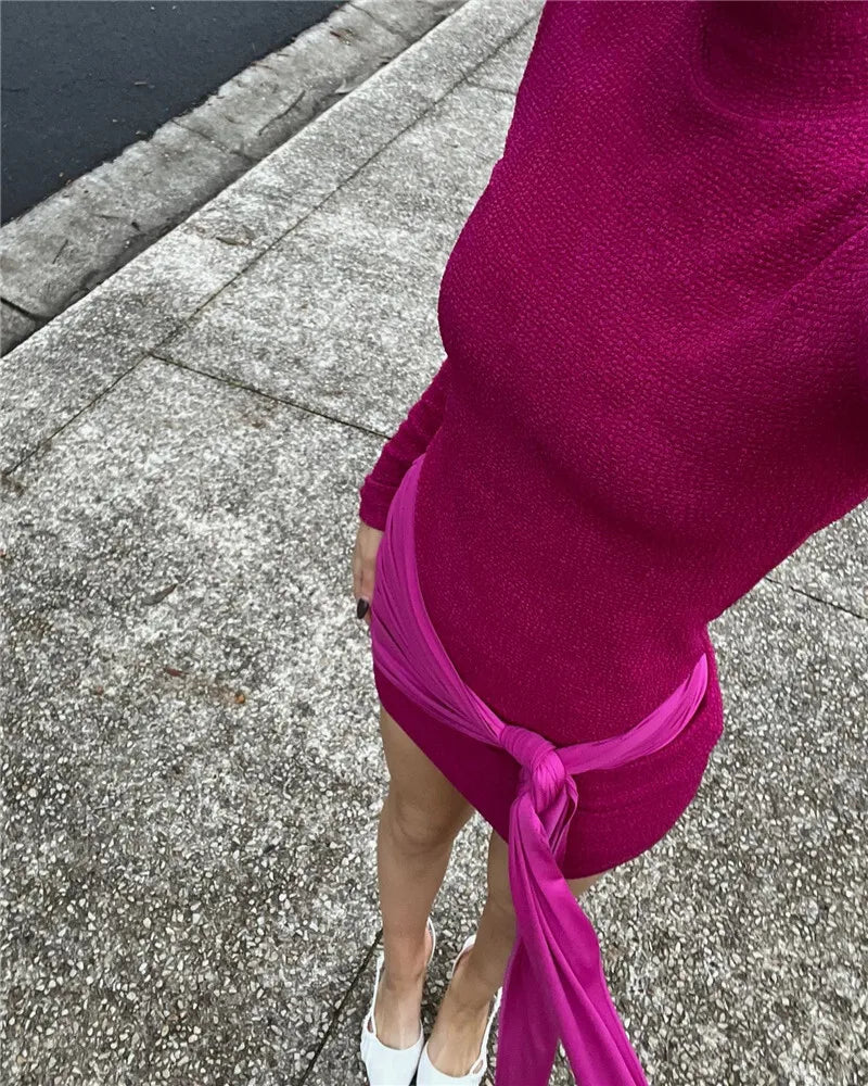 Bodycon Mini Dresses- Long Sleeve Mini Dress Fashion Hip Wrap