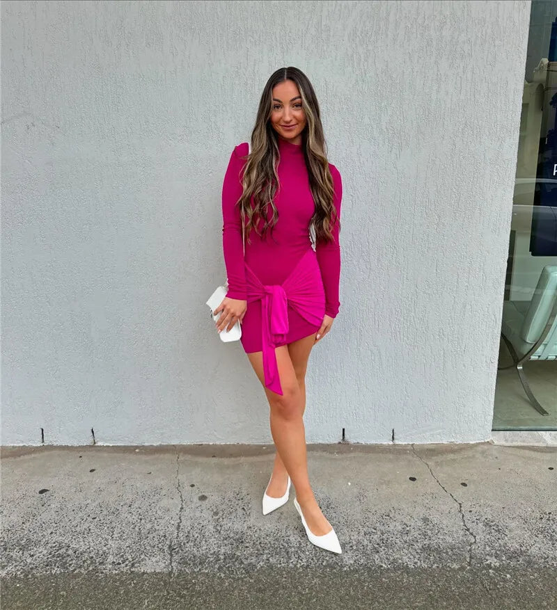Bodycon Mini Dresses- Long Sleeve Mini Dress Fashion Hip Wrap