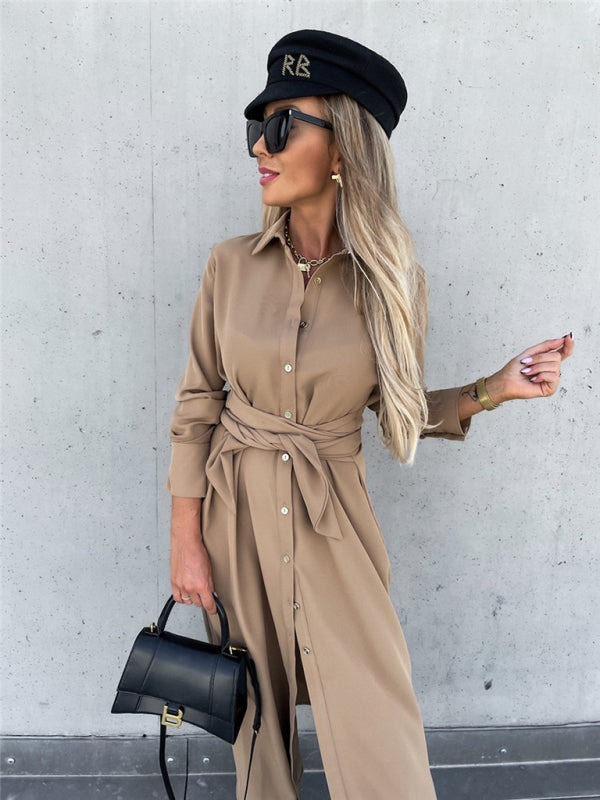 Business Dresses - Taupe Shirt Dress for Professional and Casual Wear