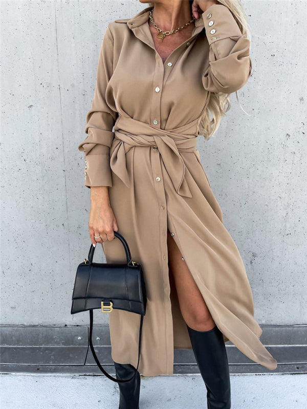 Business Dresses - Taupe Shirt Dress for Professional and Casual Wear
