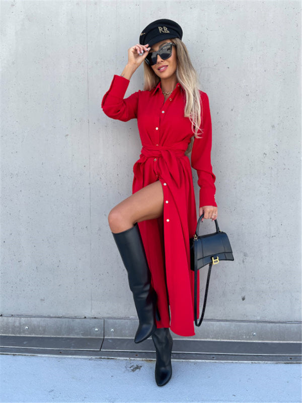 Business Dresses - Taupe Shirt Dress for Professional and Casual Wear