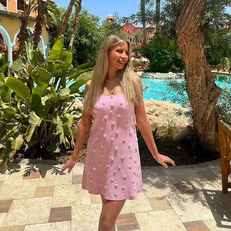 Cami Dresses- Summer Sundress with Floral Beads and Pearls- - Pekosa Women Fashion