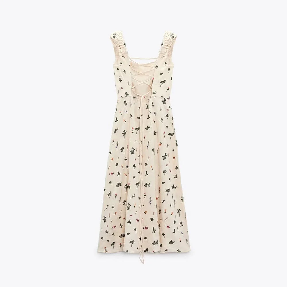 Cami Dresses- Summer Dress with Lace-Up Back and Embroidery- - Pekosa Women Fashion