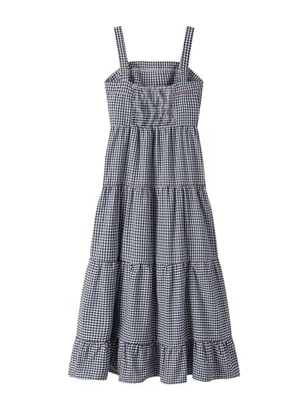 Cami Dresses- Women's Gingham Maxi Dress with Lobster Embroidery- - Pekosa Women Fashion
