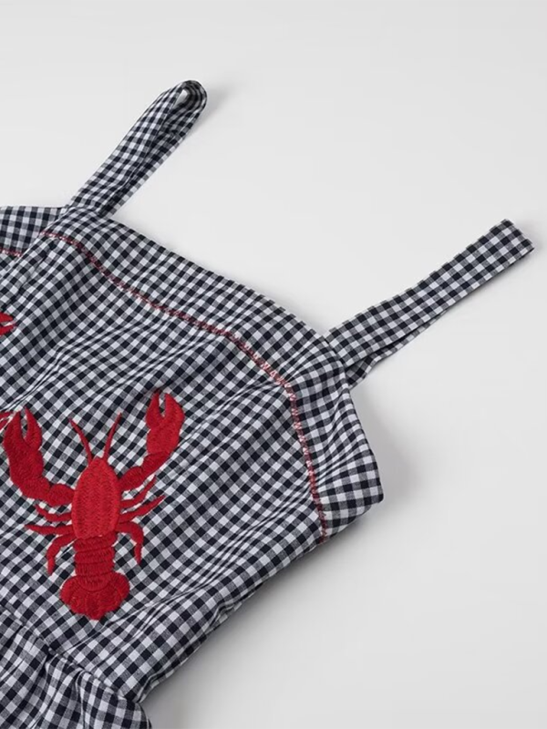 Cami Dresses- Women's Gingham Maxi Dress with Lobster Embroidery- - Pekosa Women Fashion