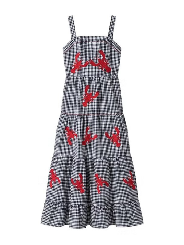 Cami Dresses- Women's Gingham Maxi Dress with Lobster Embroidery- - Pekosa Women Fashion