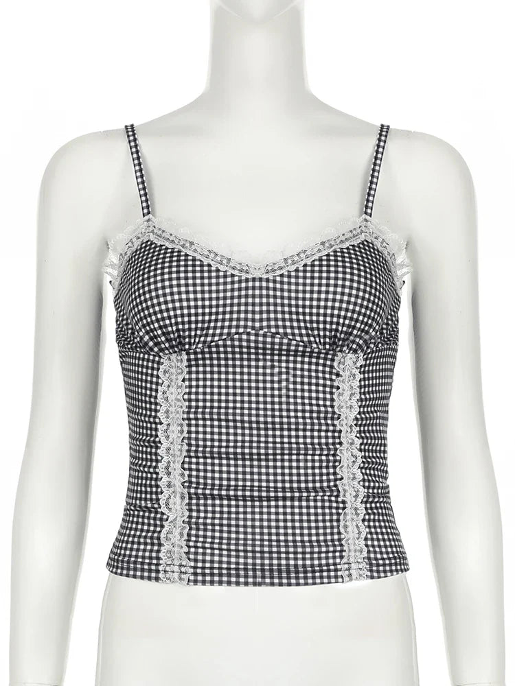 Cami Tops- Women Sleeveless Plaid Top - Gingham Lace Accents Cami- - Chuzko Women Clothing