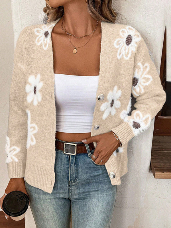 Cardigans - Casual Sunflower Knit Cardigan – Young Women's Style