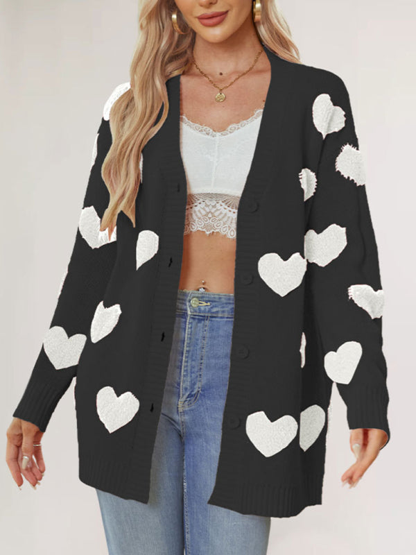Cardigans - Casual Valentine's Day Heart Patterned Sweater
