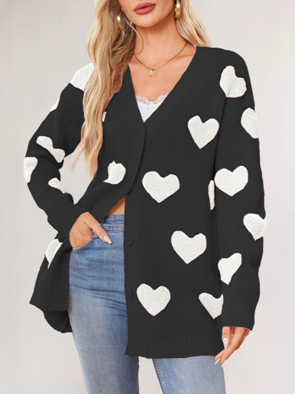 Cardigans - Casual Valentine's Day Heart Patterned Sweater