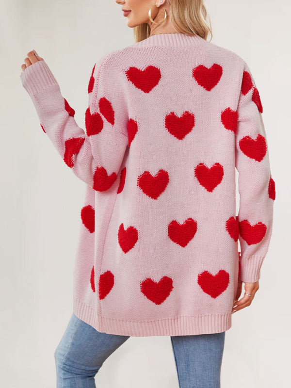 Cardigans - Casual Valentine's Day Heart Patterned Sweater