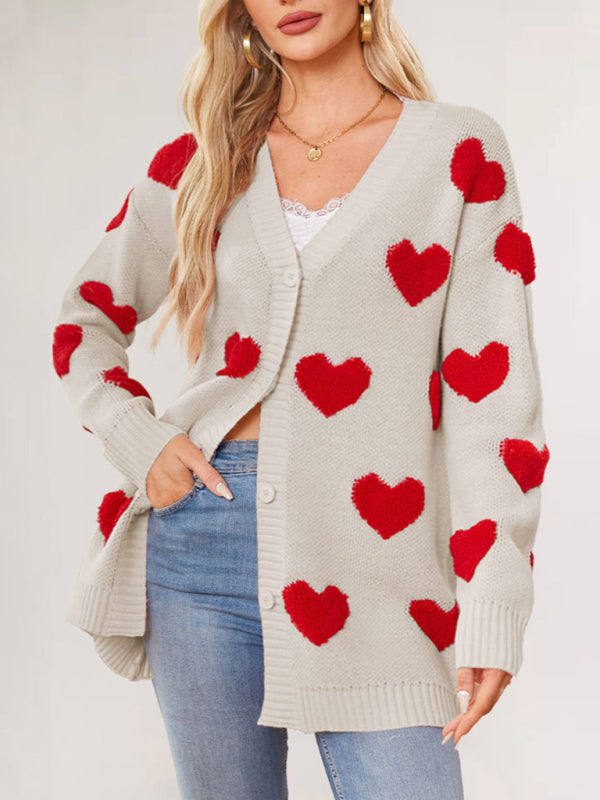 Cardigans - Casual Valentine's Day Heart Patterned Sweater