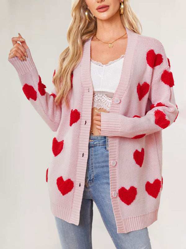 Cardigans - Casual Valentine's Day Heart Patterned Sweater
