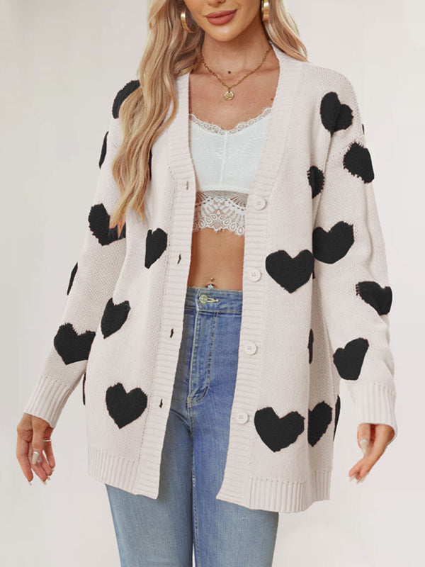 Cardigans - Casual Valentine's Day Heart Patterned Sweater