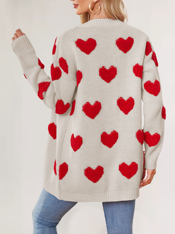 Cardigans - Casual Valentine's Day Heart Patterned Sweater