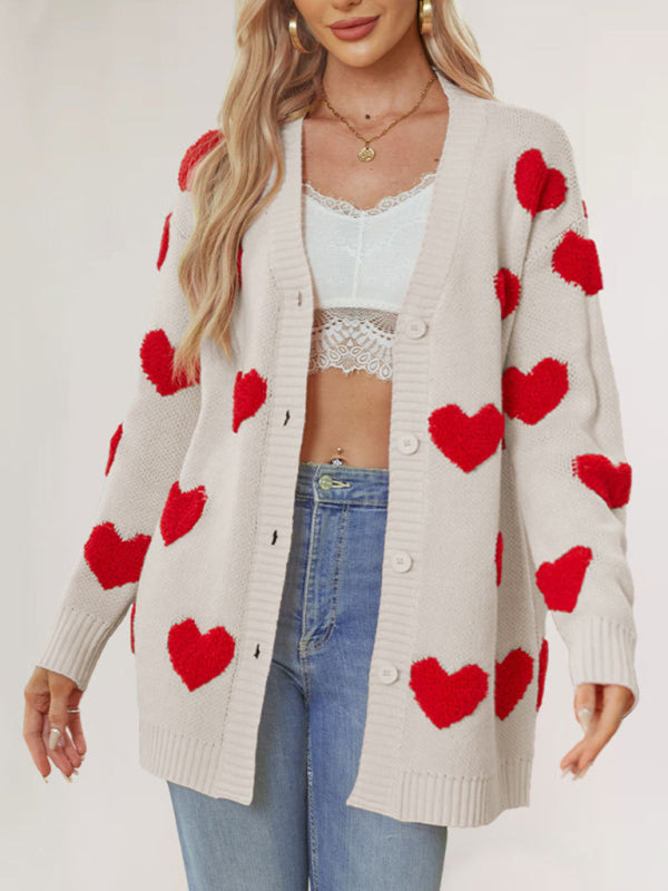 Cardigans - Casual Valentine's Day Heart Patterned Sweater