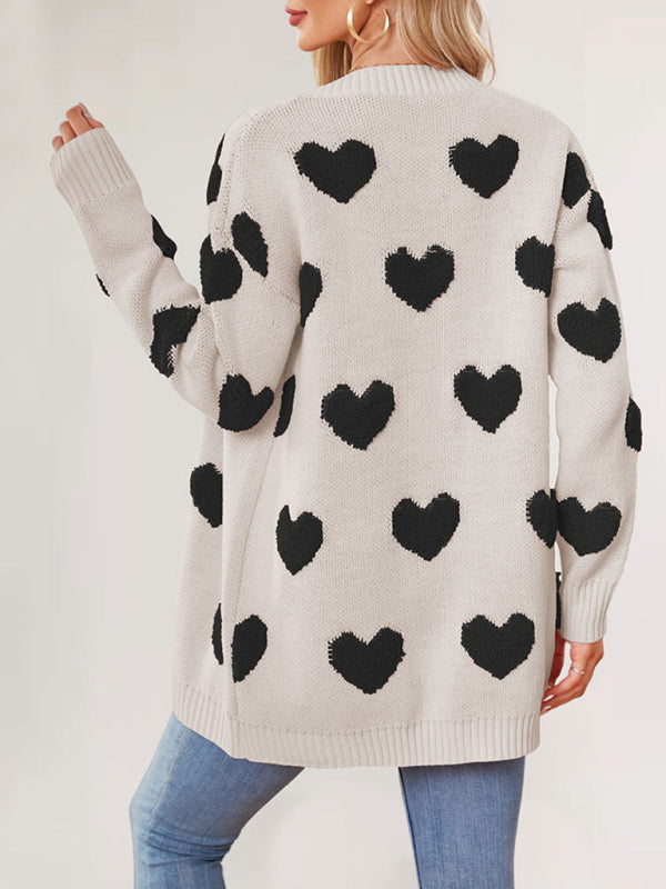 Cardigans - Casual Valentine's Day Heart Patterned Sweater