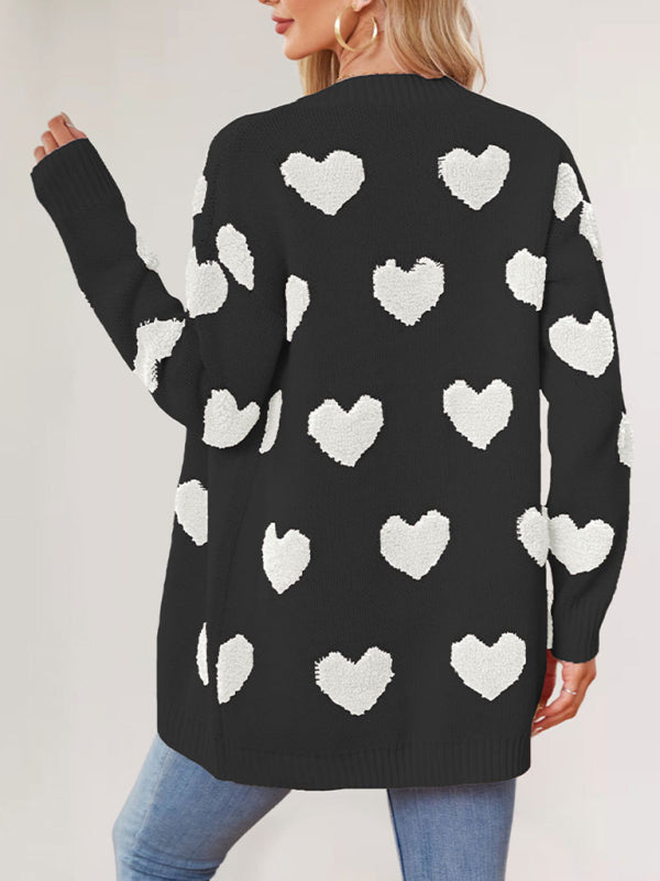 Cardigans - Casual Valentine's Day Heart Patterned Sweater