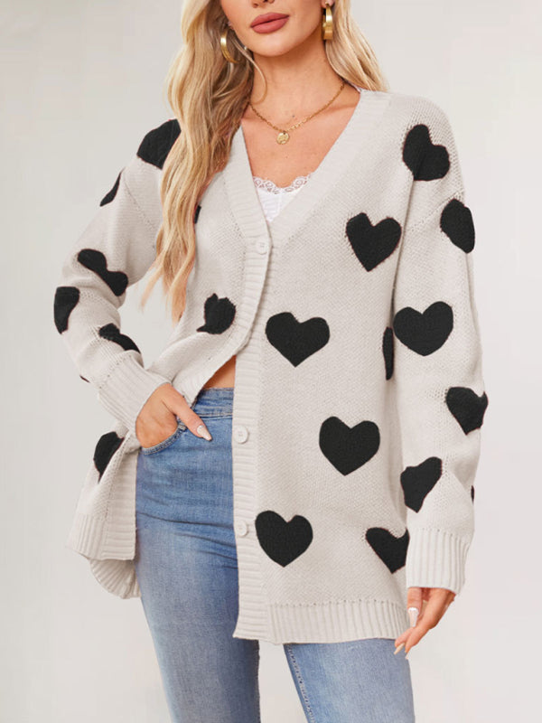 Cardigans - Casual Valentine's Day Heart Patterned Sweater