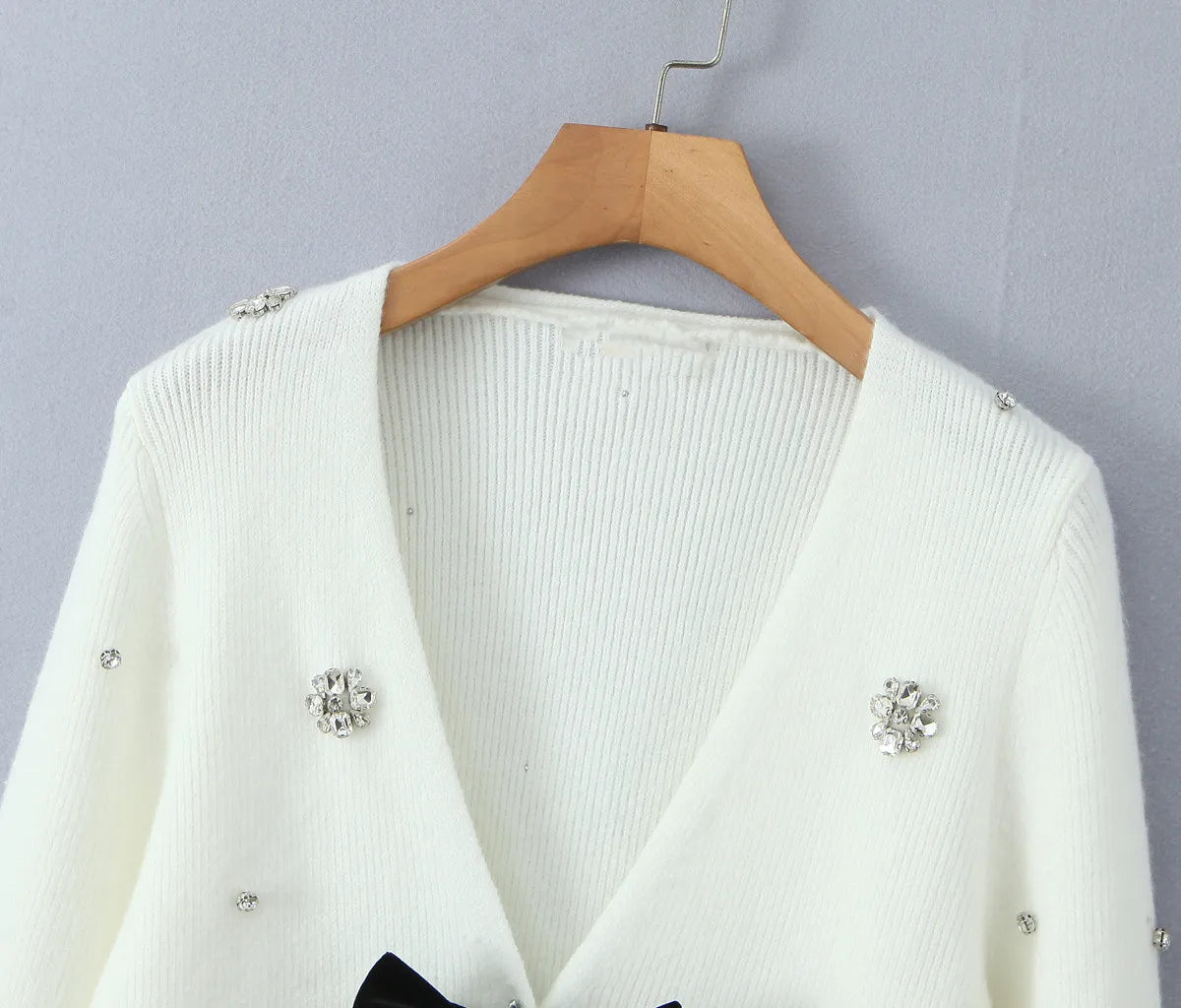 Cardigans - Cropped Cardigan with Bow and Diamond Accents