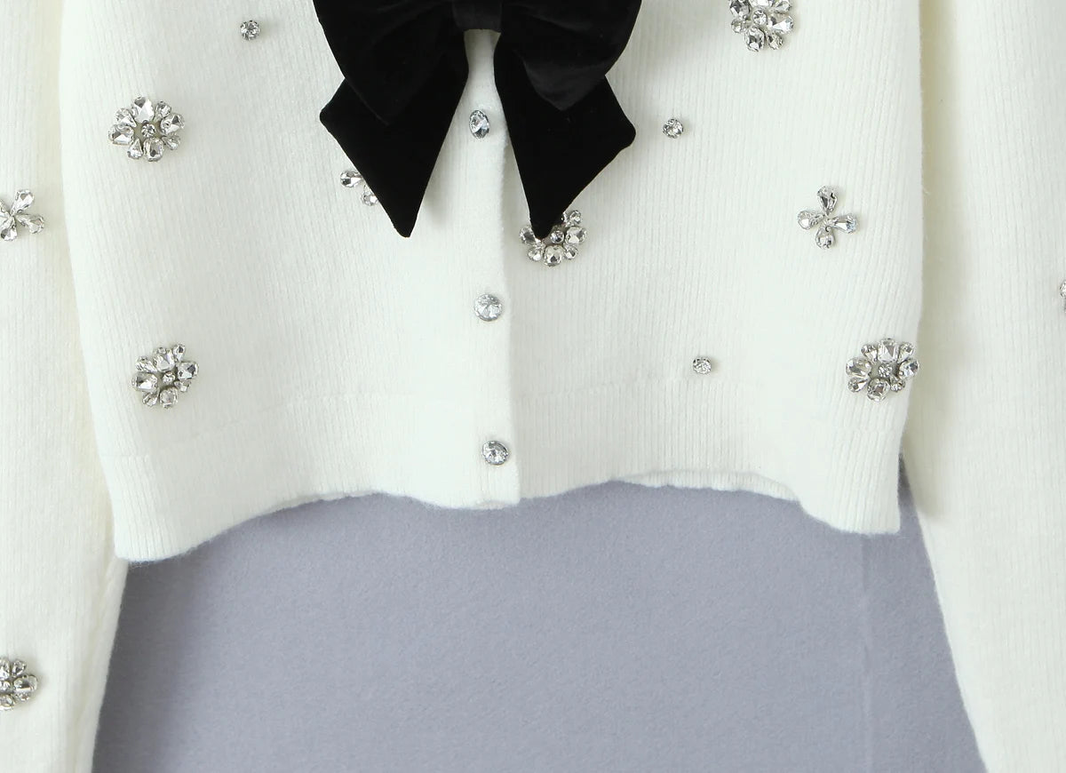 Cardigans - Cropped Cardigan with Bow and Diamond Accents